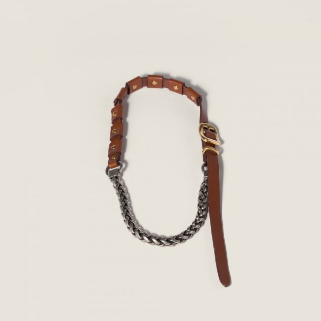 Miu Miu Metal and leather necklace Tobacco / Silver / Bronze