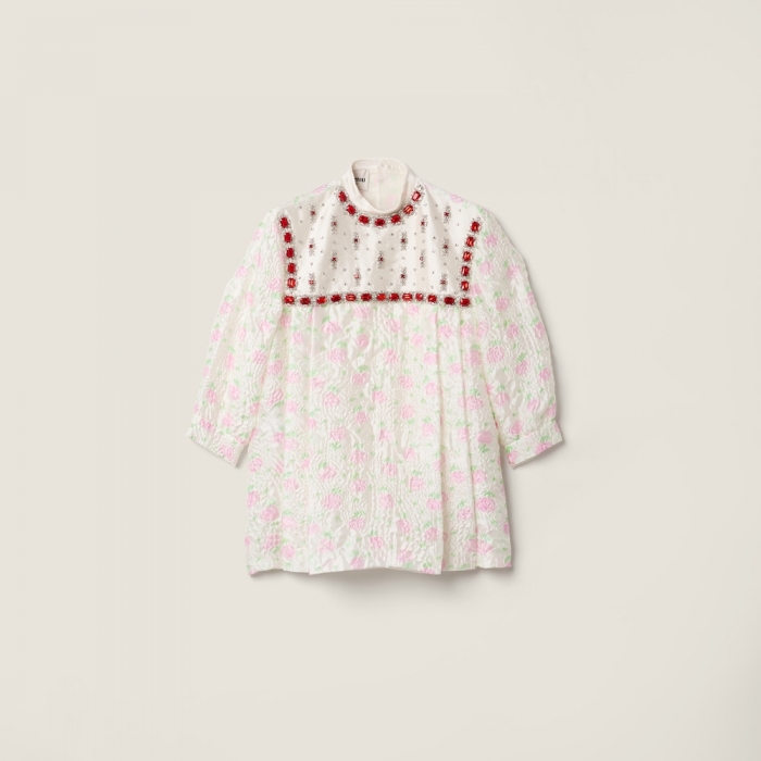 Miu Miu Cloqué mini-dress with crystals White / Pink