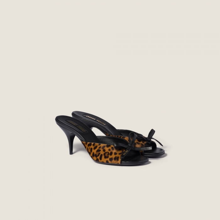 Miu Miu Printed leather sandals with bow Honey