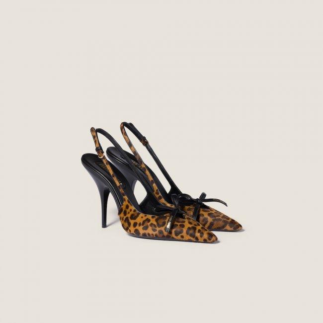 Miu Miu Printed leather slingback pumps with bow Honey