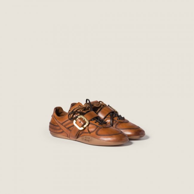 Miu Miu Gymnasium leather sneakers with buckle Cognac