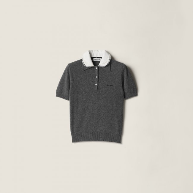 Miu Miu Cashmere polo with embroidered poplin collar Slate Gray