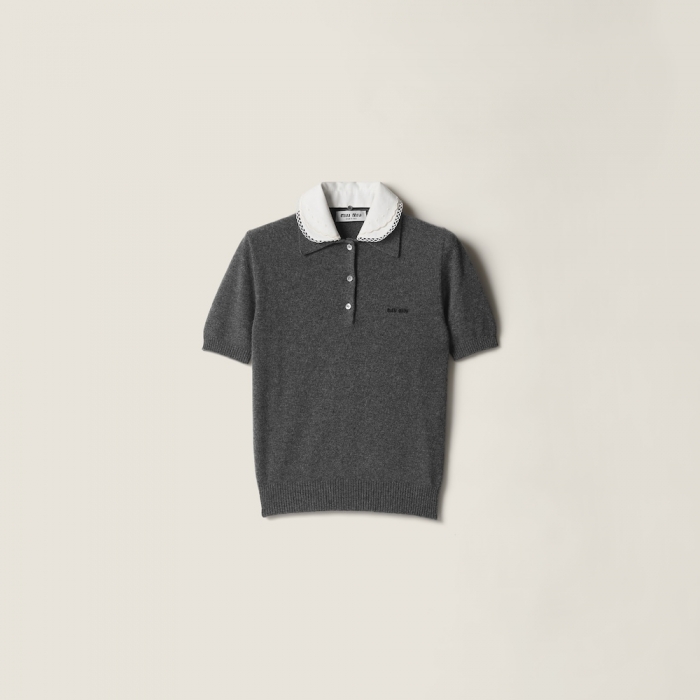 Miu Miu Cashmere polo with embroidered poplin collar Slate Gray