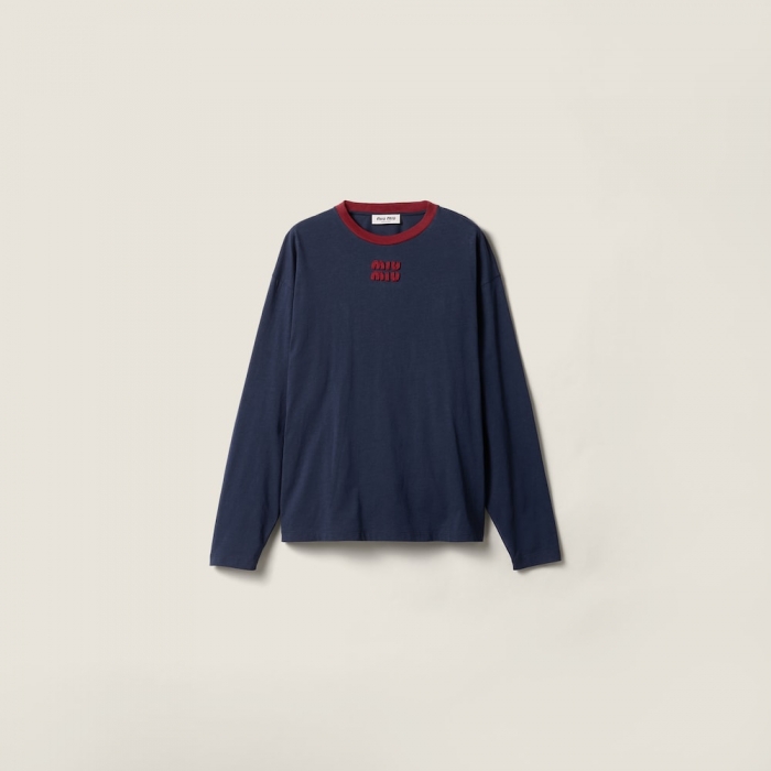 Miu Miu Long-sleeved cotton jersey T-shirt Blue / Burgundy