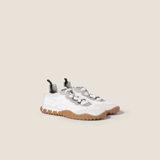Miu Miu Tyre technical fabric and suede sneakers White / Granite Gray