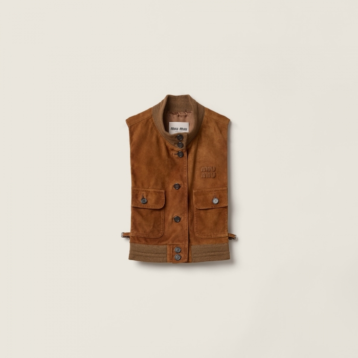 Miu Miu Waxed suede leather vest Cognac