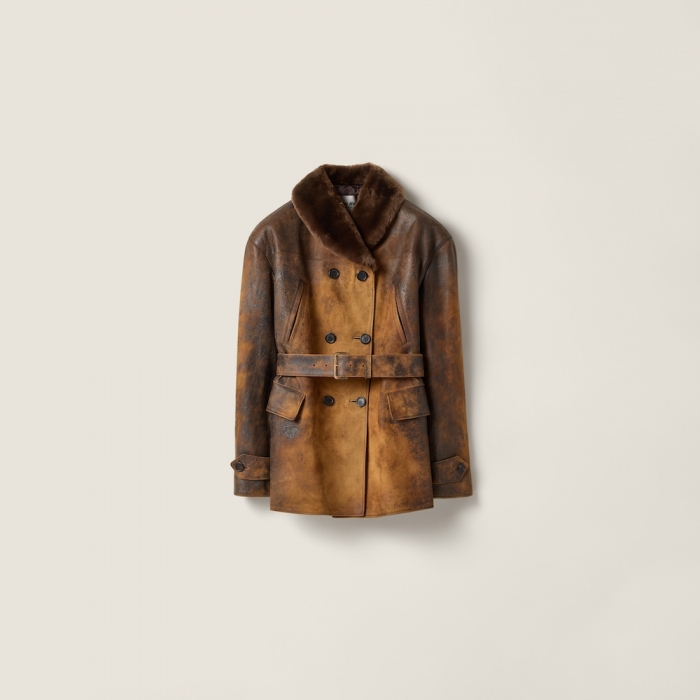 Miu Miu Double-breasted waxed suede caban jacket Cognac