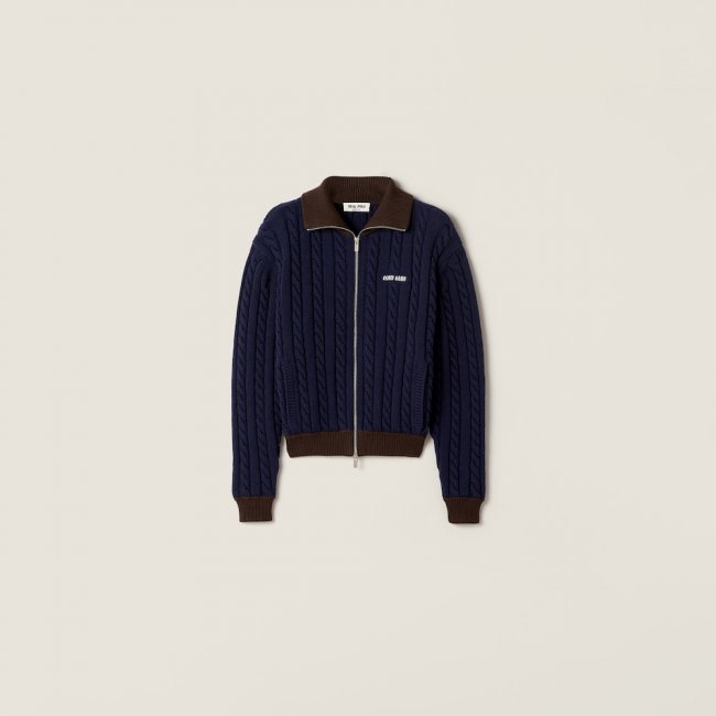 Miu Miu Wool and cotton zipper cardigan Navy