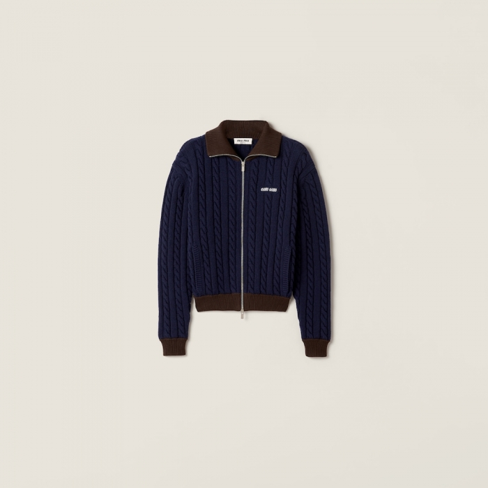 Miu Miu Wool and cotton zipper cardigan Navy