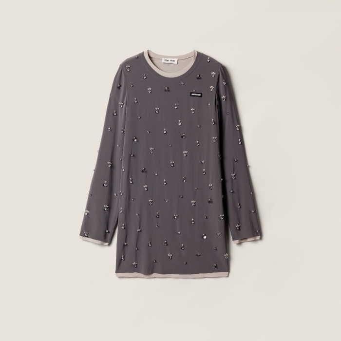 Miu Miu Embroidered stretch georgette dress Iron Gray