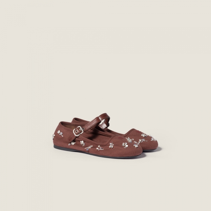 Miu Miu Embroidered drill ballerinas Cocoa Brown