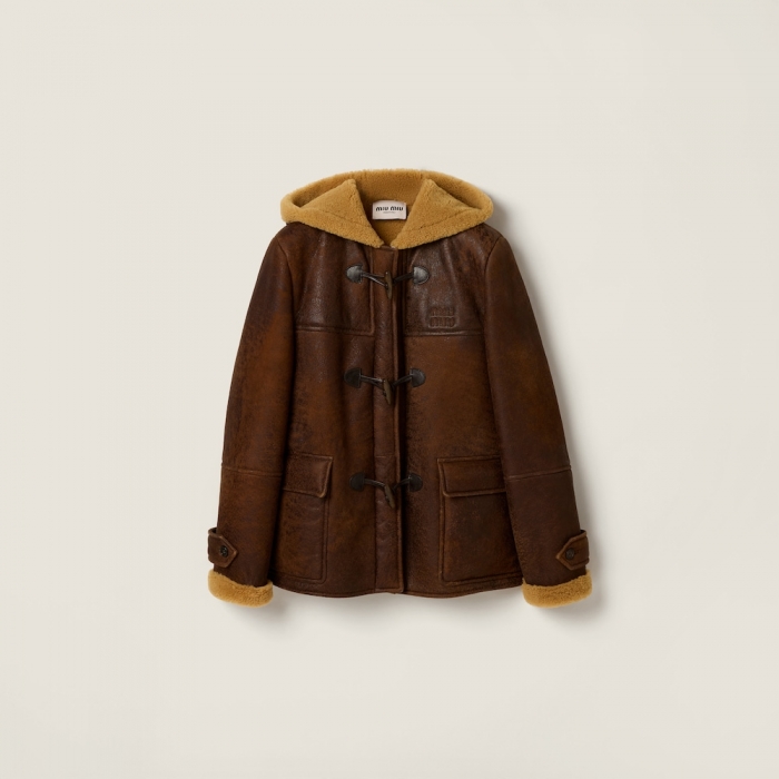 Miu Miu Waxed shearling duffle coat Dark Brown