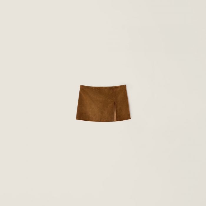 Miu Miu Waxed suede leather miniskirt Tobacco