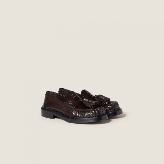 Miu Miu Tassel loafers in polished leather Dark Brown
