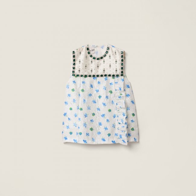 Miu Miu Cloqué mini-dress with crystals White / Light Blue