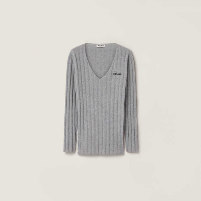 Miu Miu Wool and cashmere V-neck sweater Grey