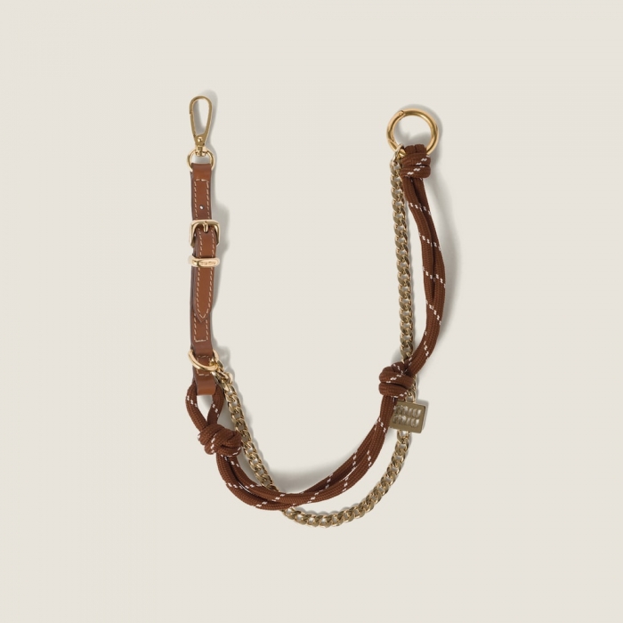 Miu Miu Leather, cord and metal trick keyring - Cognac/Tobacco