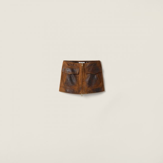 Miu Miu Waxed suede leather mini-skirt Cognac