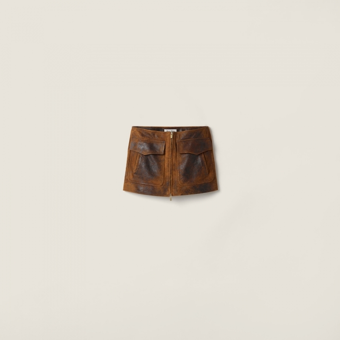 Miu Miu Waxed suede leather mini-skirt Cognac