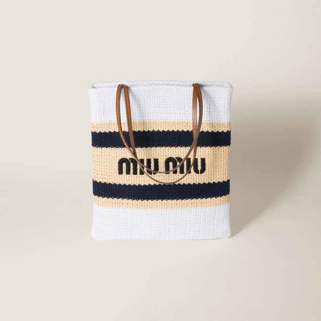 Miu Miu Raffia-effect woven tote bag Tan / White