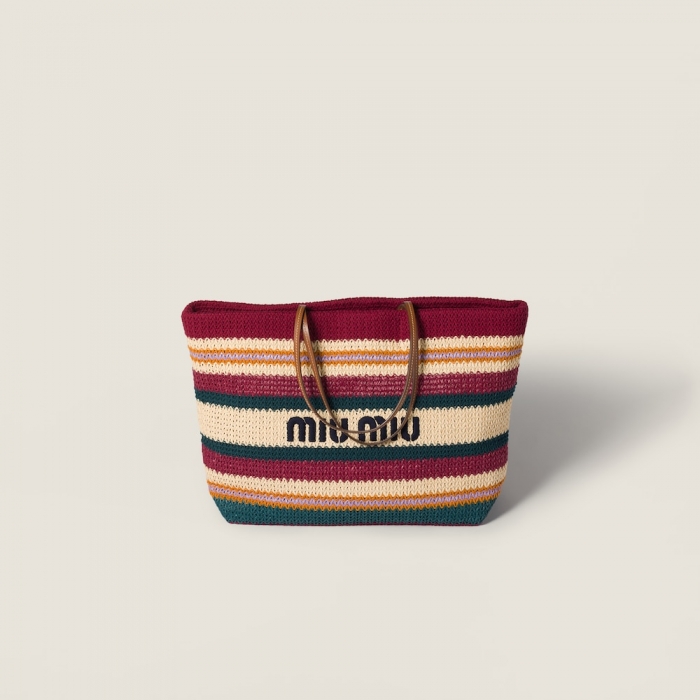Miu Miu Raffia-effect woven tote bag Bordeaux / Teal / Natural