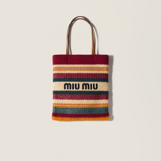 Miu Miu Raffia-effect woven tote bag Bordeaux / Teal / Natural