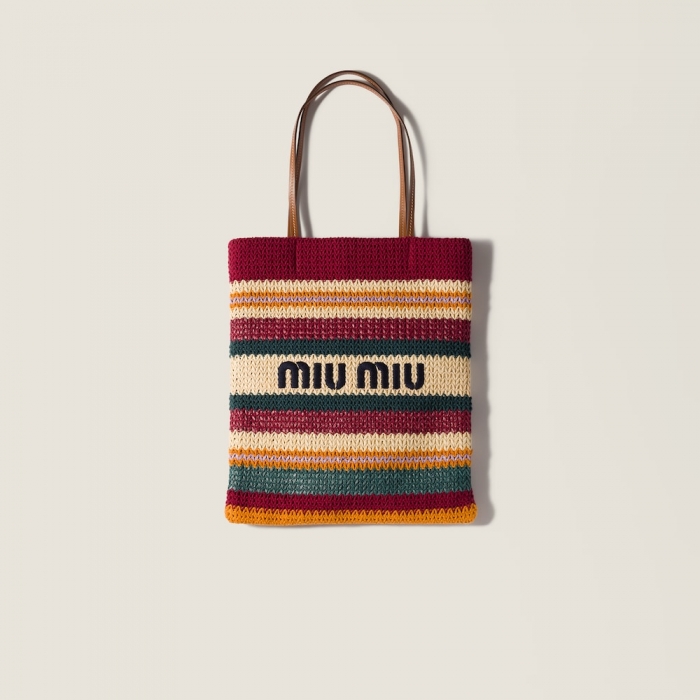 Miu Miu Raffia-effect woven tote bag Bordeaux / Teal / Natural