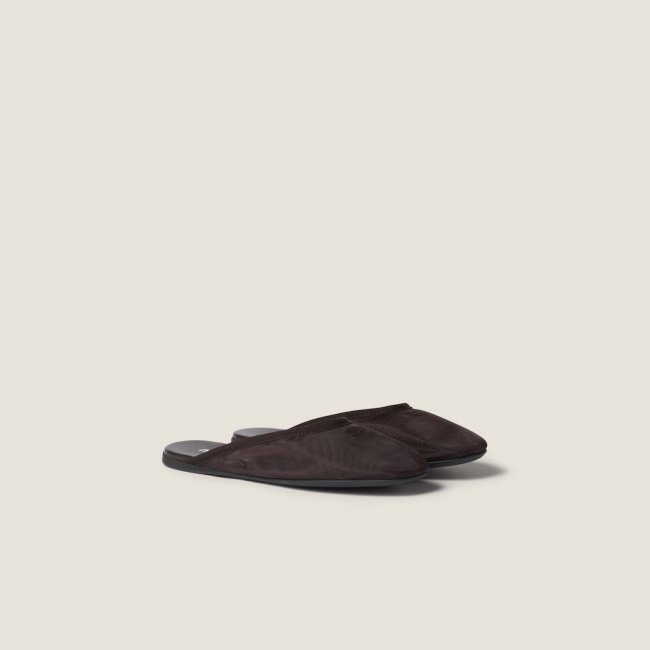 Miu Miu Mesh fabric slippers Dark Brown