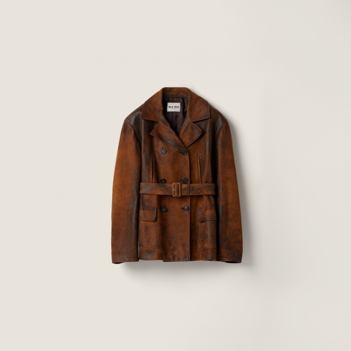 Miu Miu Double-breasted waxed suede caban jacket Cognac