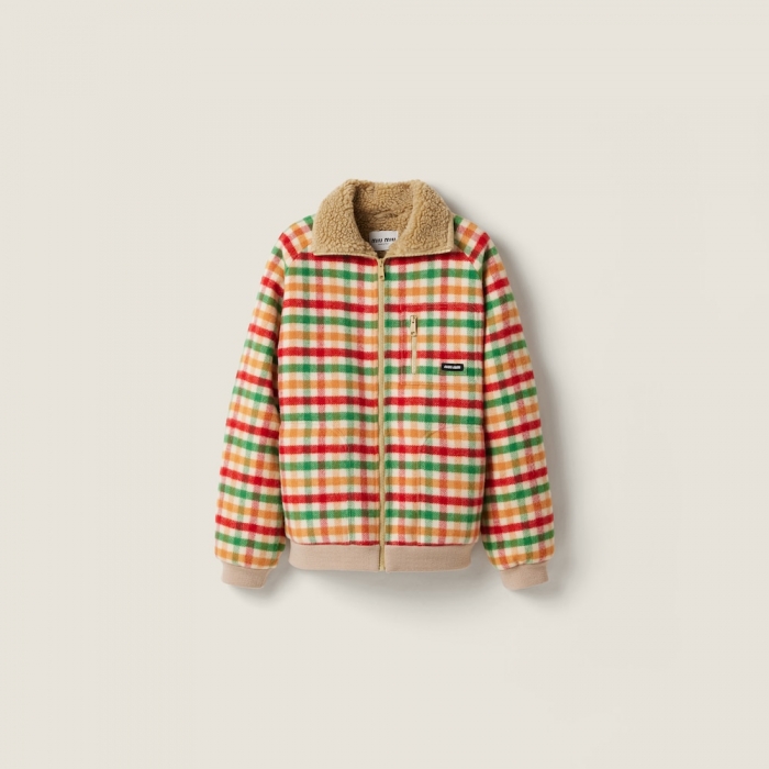Miu Miu Fleece-lined checked blouson jacket Red / Green / Soy Green