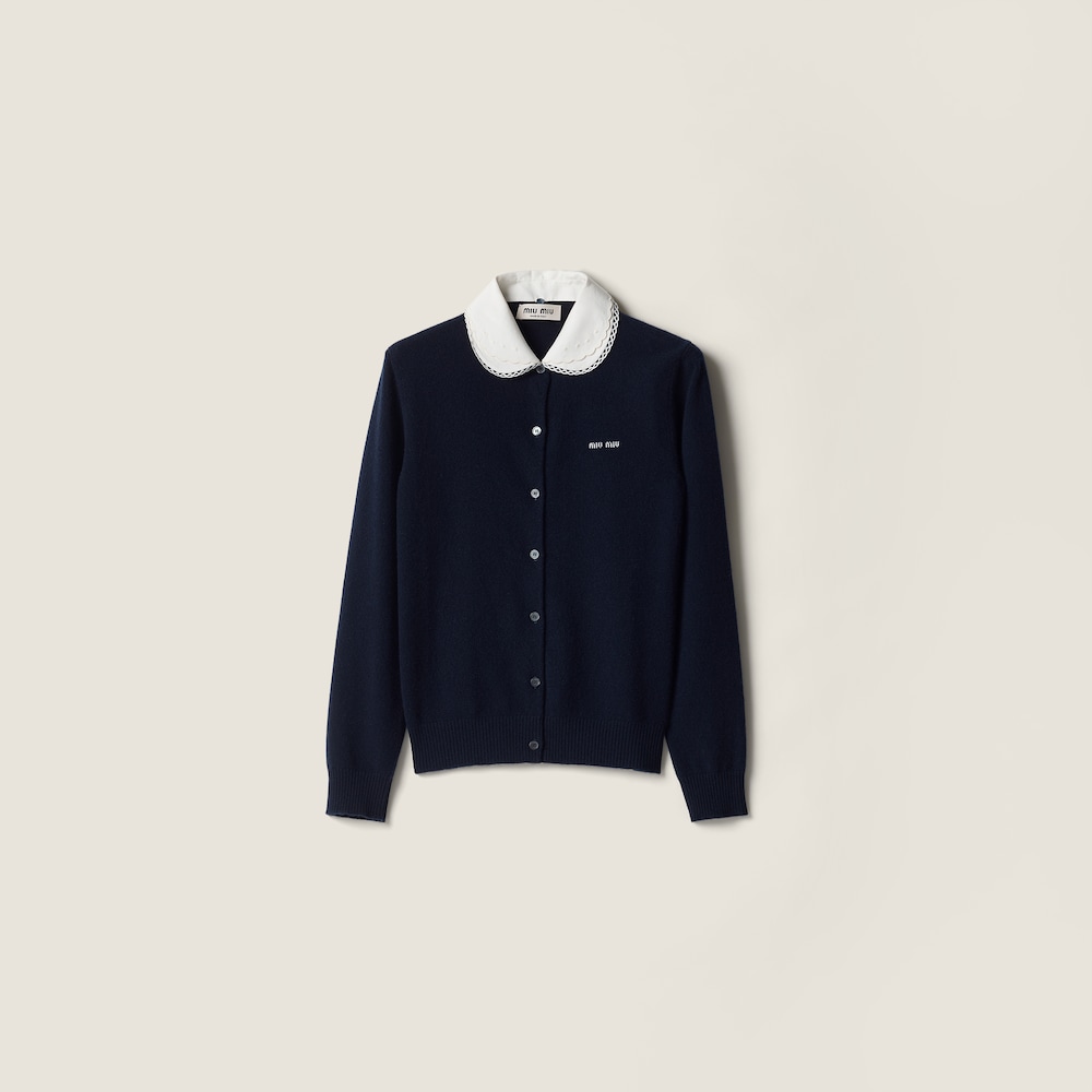 Miu Miu Cashmere cardigan with embroidered poplin collar Navy