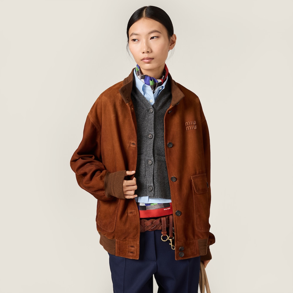 Miu Miu Waxed suede jacket Chestnut Brown