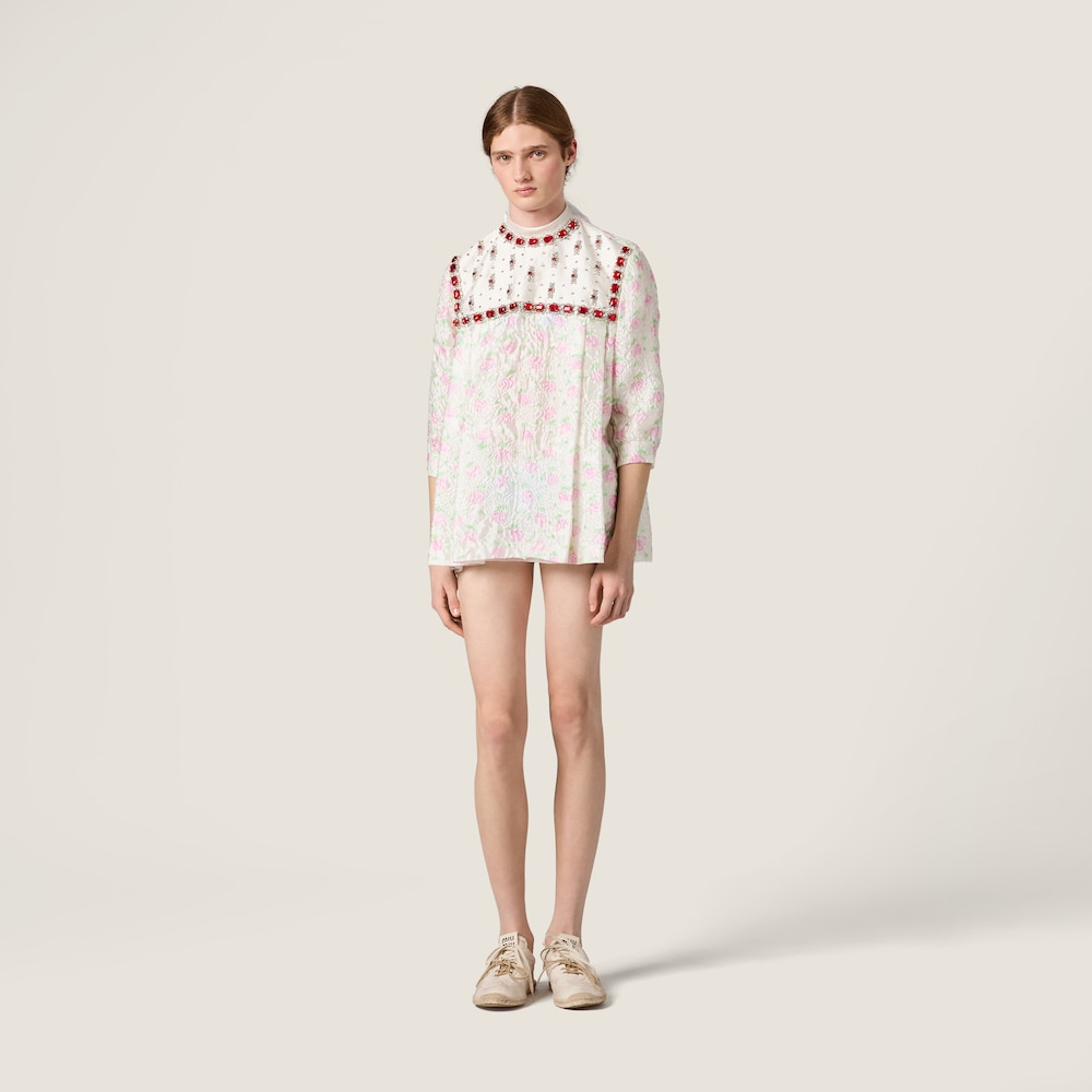 Miu Miu Cloqué mini-dress with crystals White /  Pink