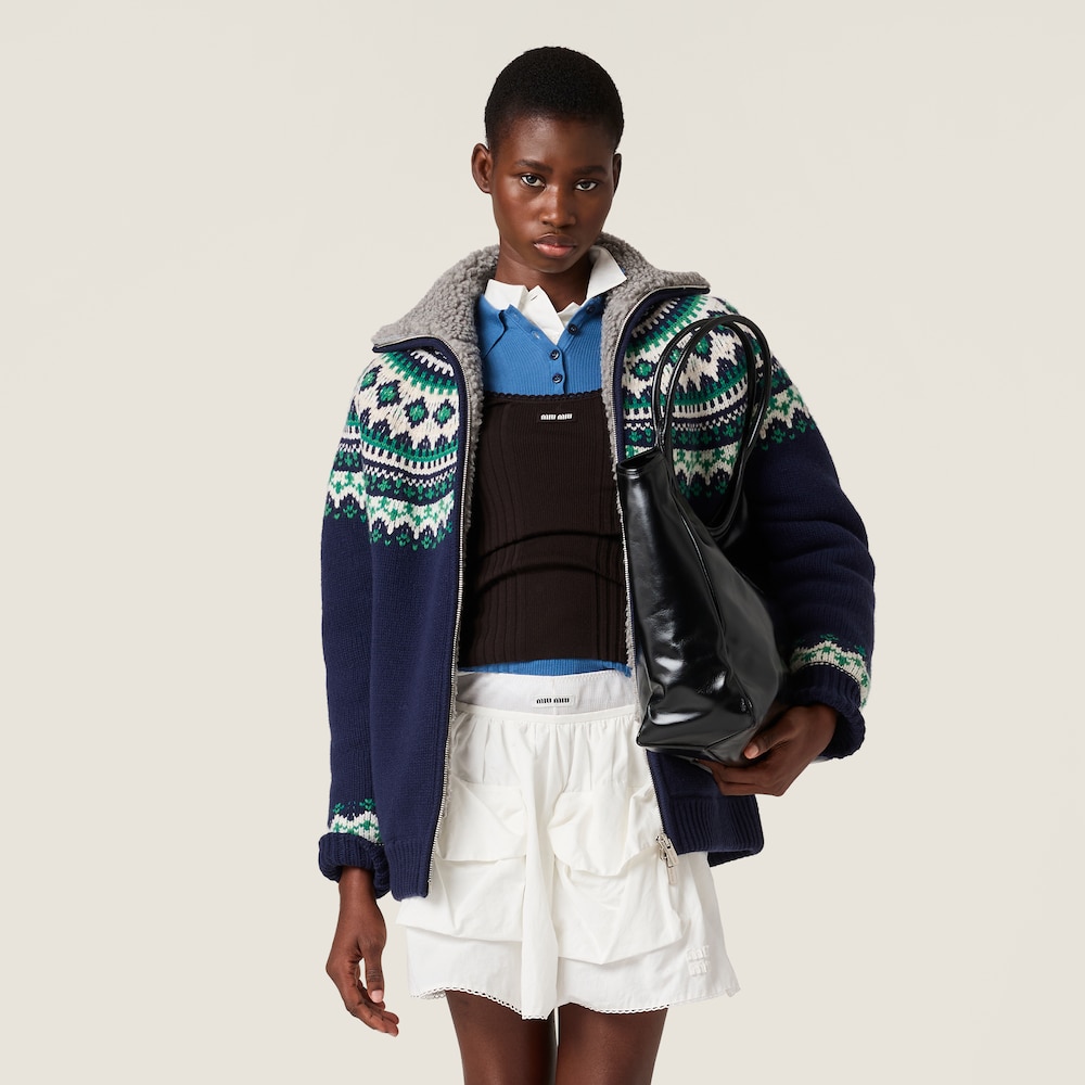 Miu Miu Wool and fleece cardigan with zipper Navy