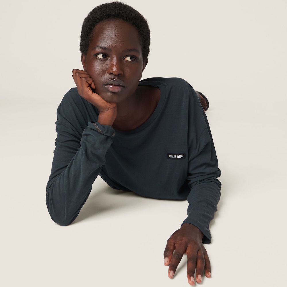 Miu Miu Long-sleeved garment-dyed ribbed knit jersey T-shirt Black