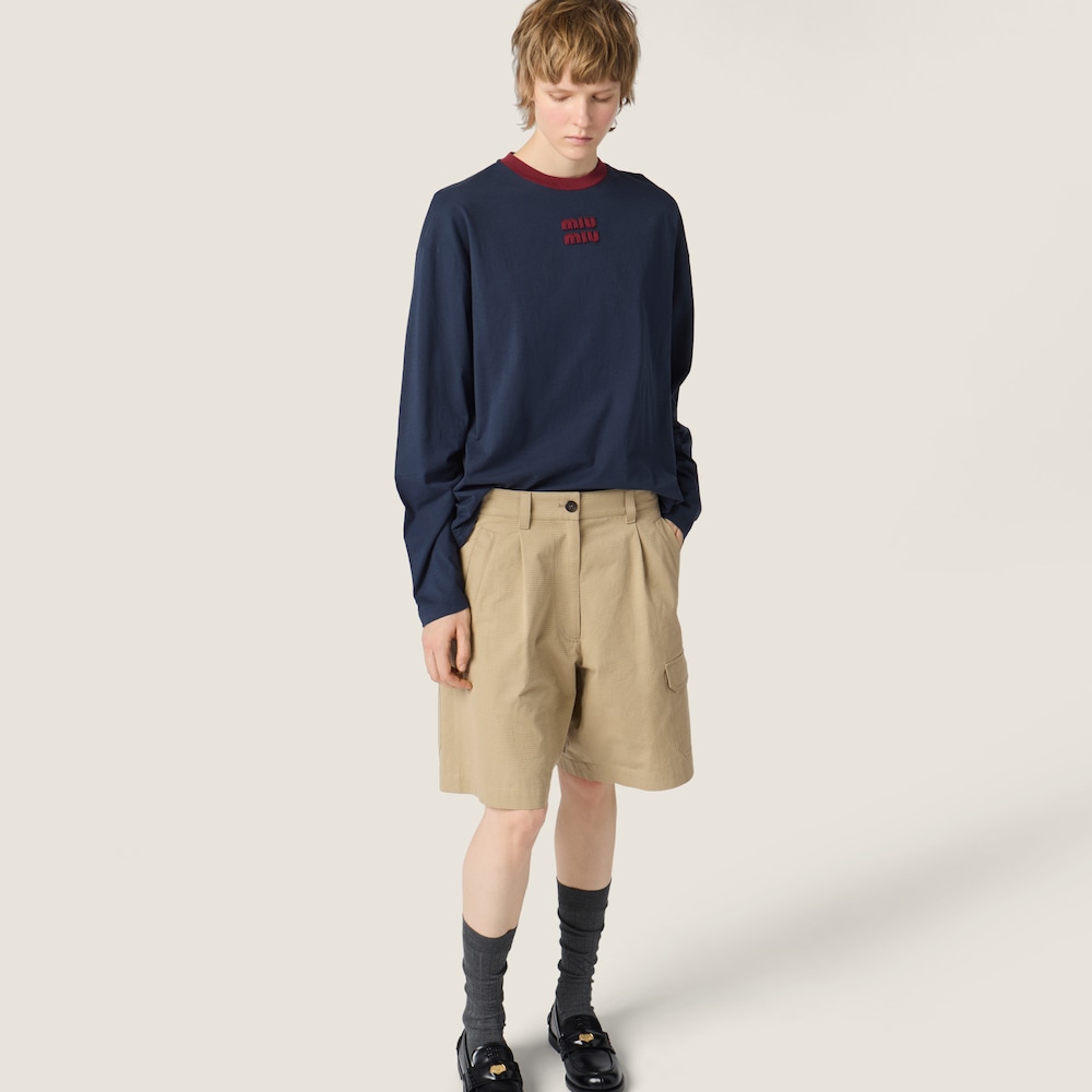 Miu Miu Long-sleeved cotton jersey T-shirt Blue / Burgundy