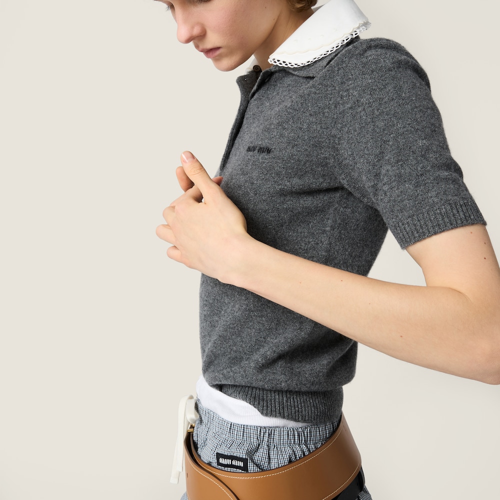 Miu Miu Cashmere polo with embroidered poplin collar Slate Gray