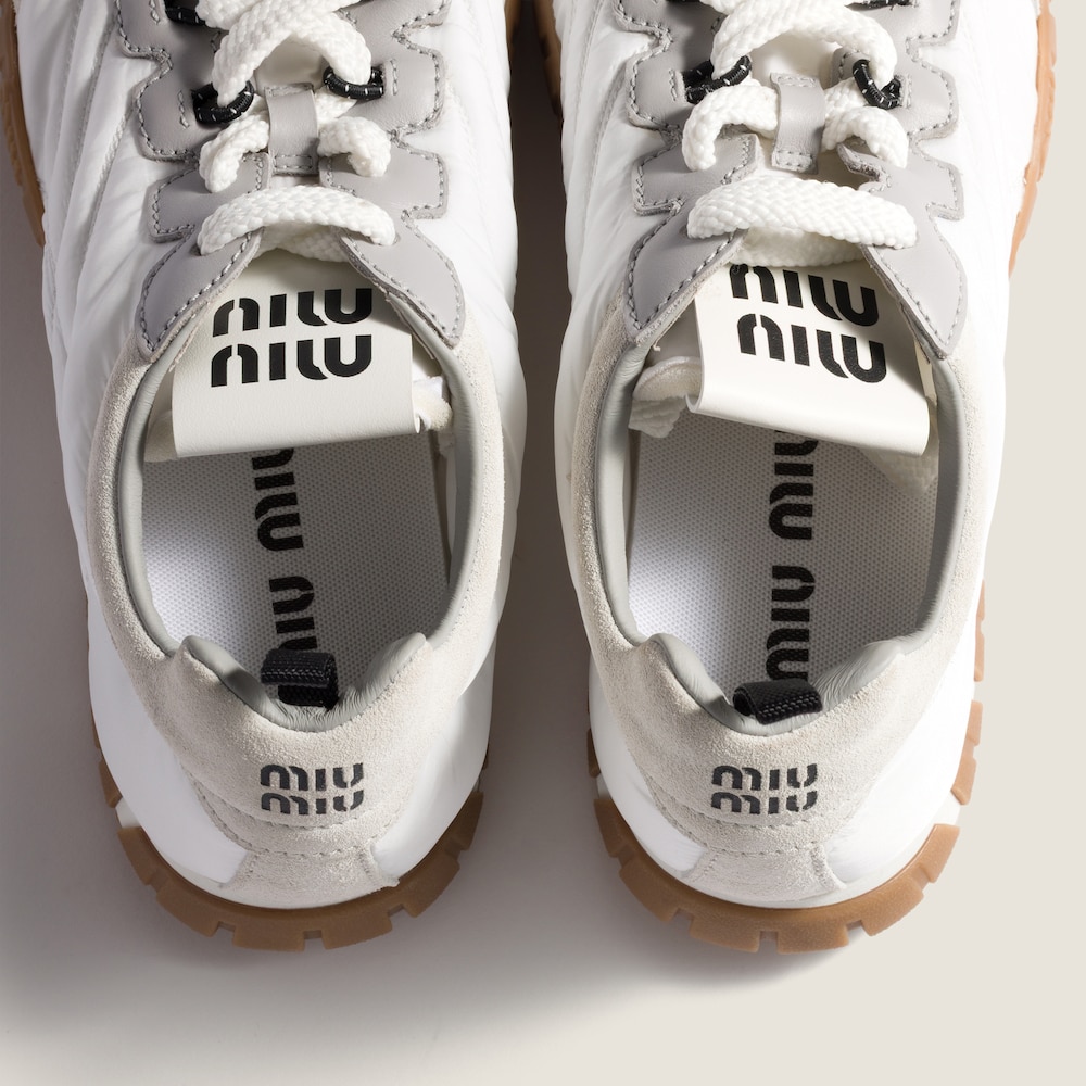 Miu Miu Tyre technical fabric and suede sneakers White / Granite Gray