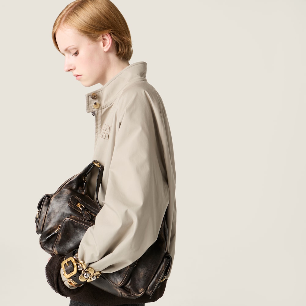 Miu Miu Reversible houndstooth check and Panama cotton blouson jacket Clay / Cocoa Brown / Gray