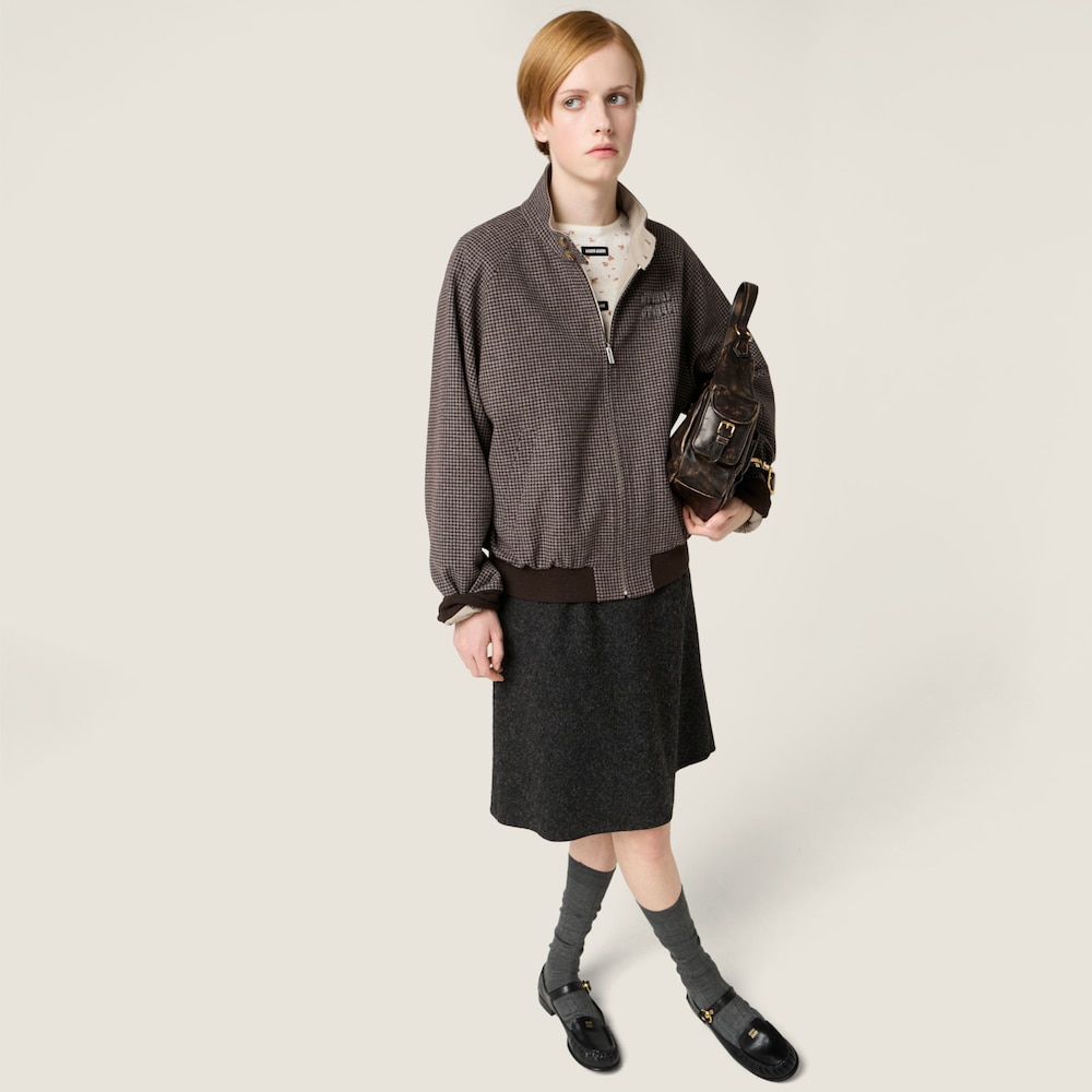 Miu Miu Reversible houndstooth check and Panama cotton blouson jacket Clay / Cocoa Brown / Gray