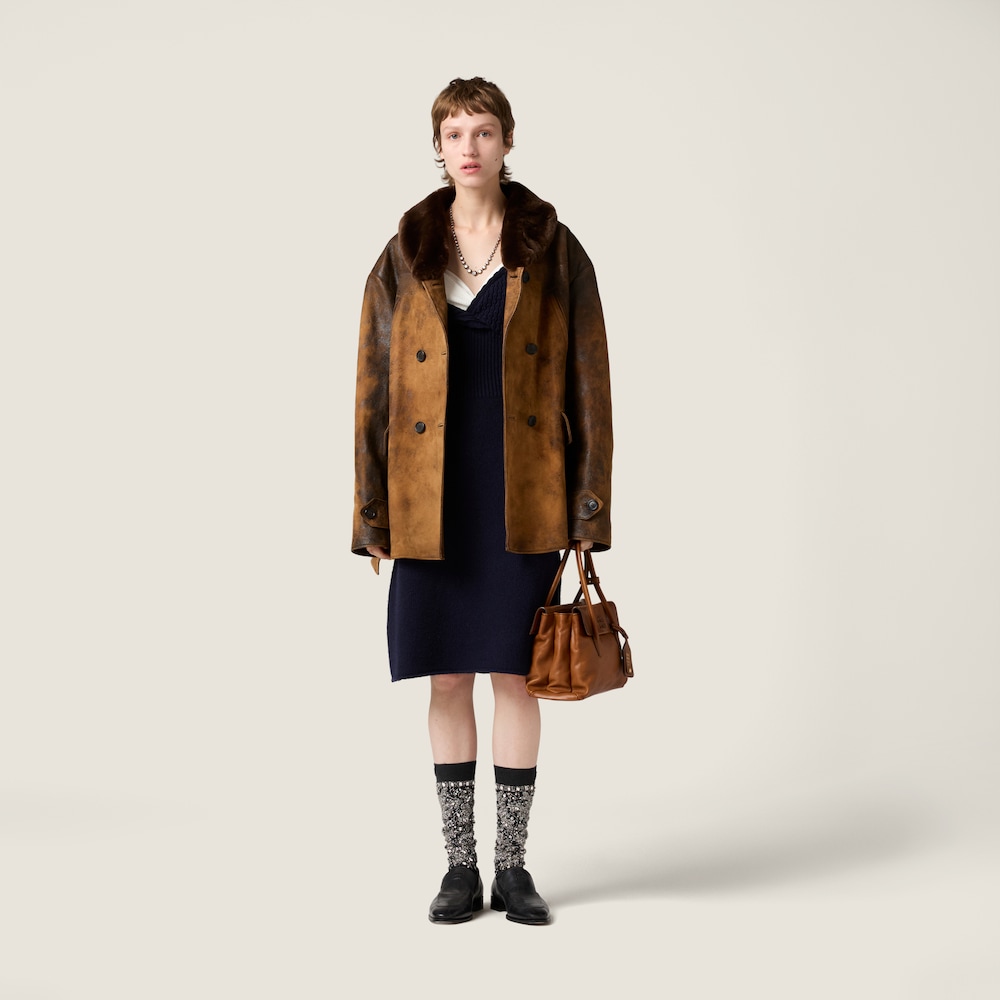 Miu Miu Double-breasted waxed suede caban jacket Cognac