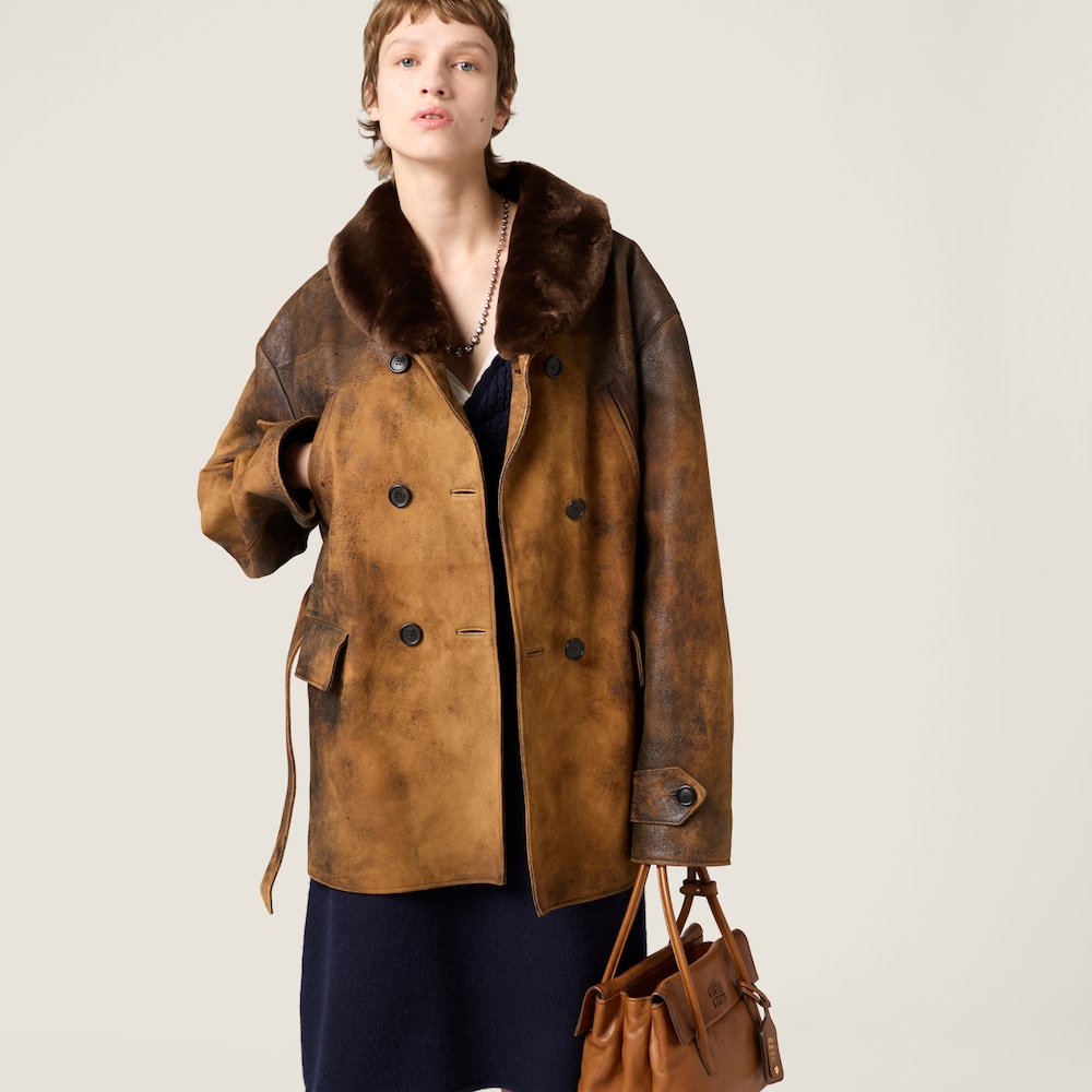 Miu Miu Double-breasted waxed suede caban jacket Cognac