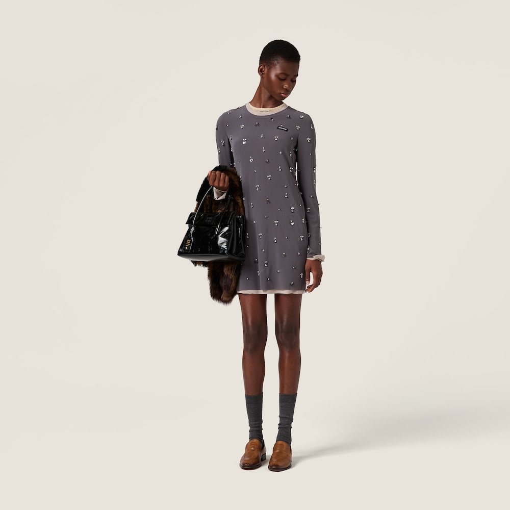 Miu Miu Embroidered stretch georgette dress Iron Gray