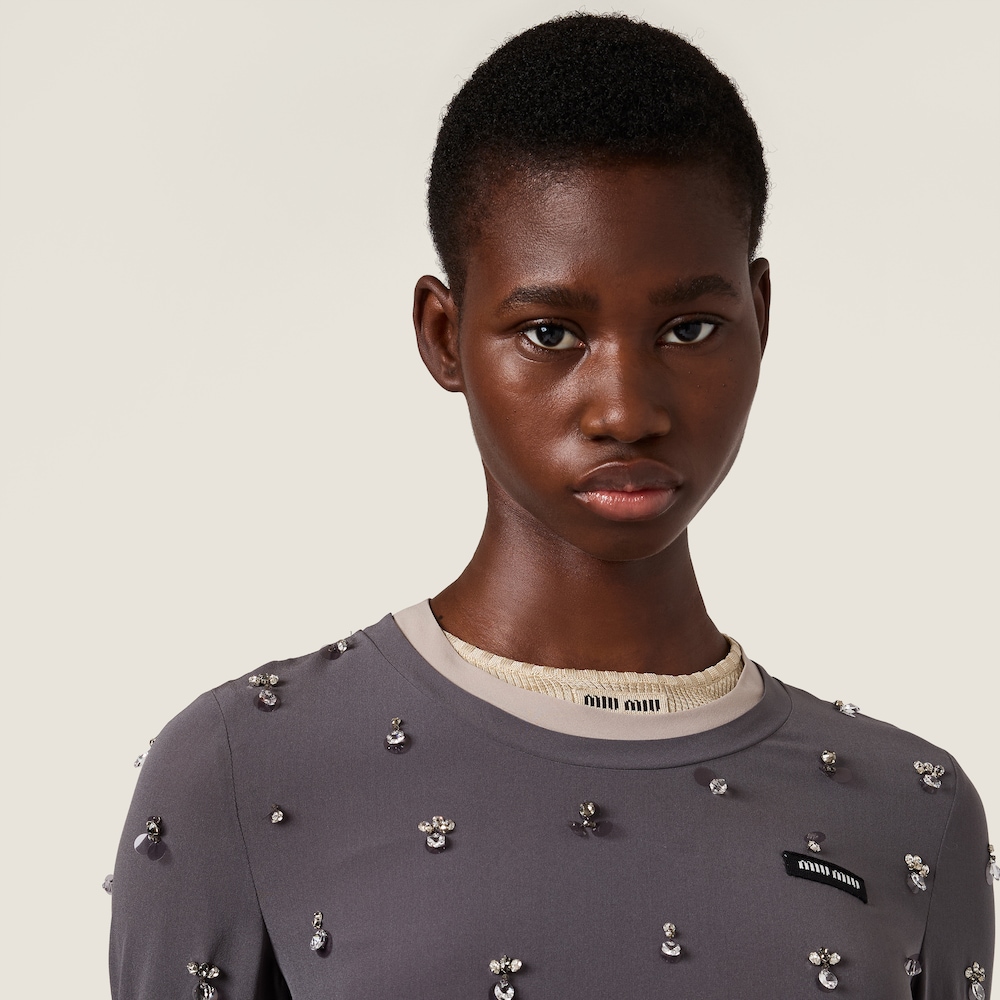 Miu Miu Embroidered stretch georgette dress Iron Gray