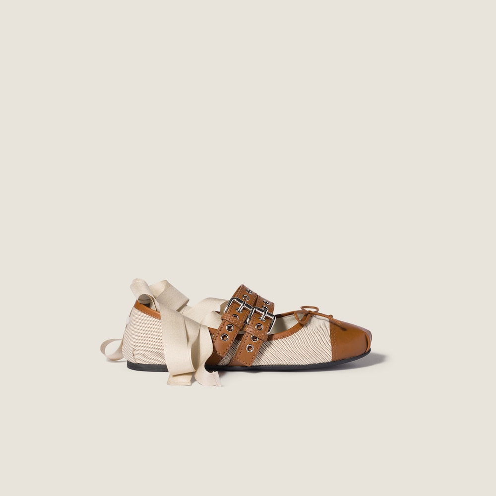 Miu Miu Canvas and leather ballerinas Beige / Tobacco
