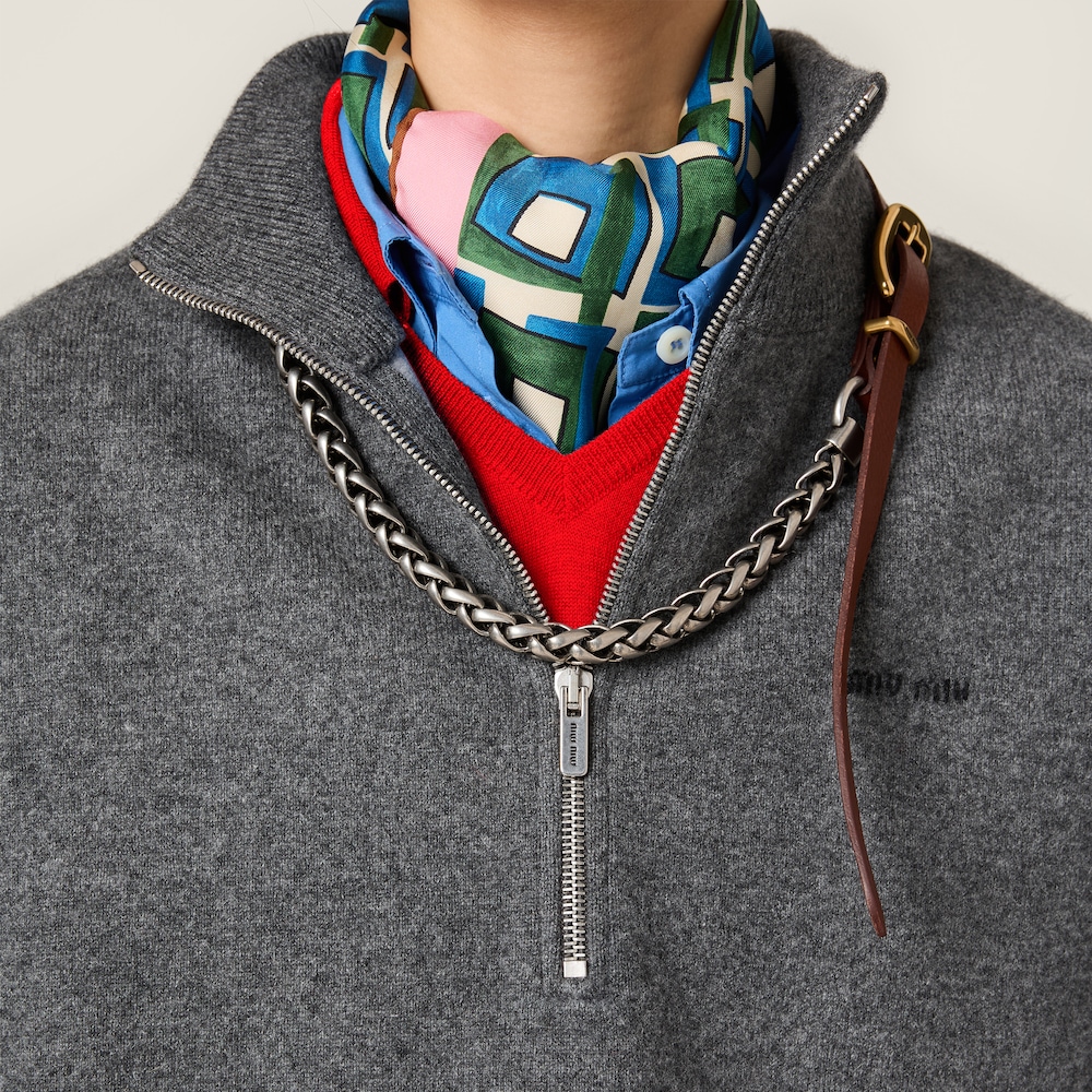 Miu Miu Cashmere and jersey zipper sweater Slate Gray