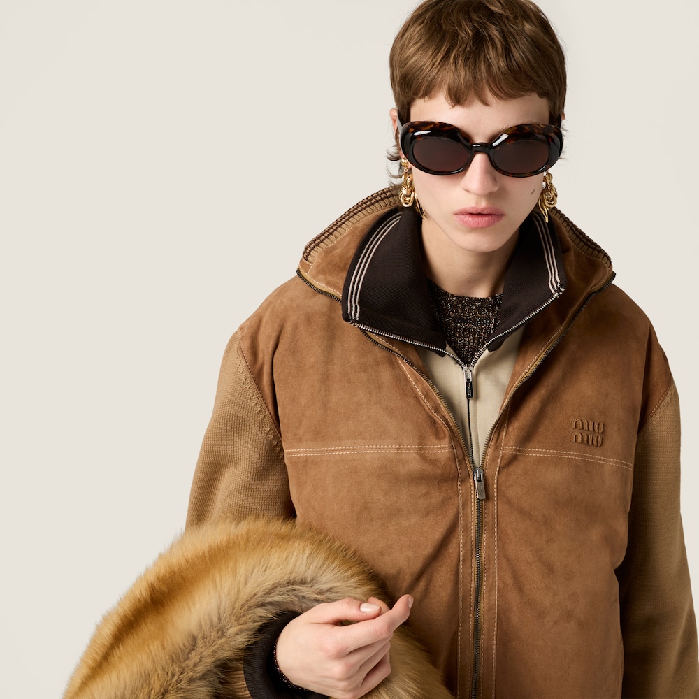 Miu Miu Wool and leather zipper cardigan Camel / Cinnamon