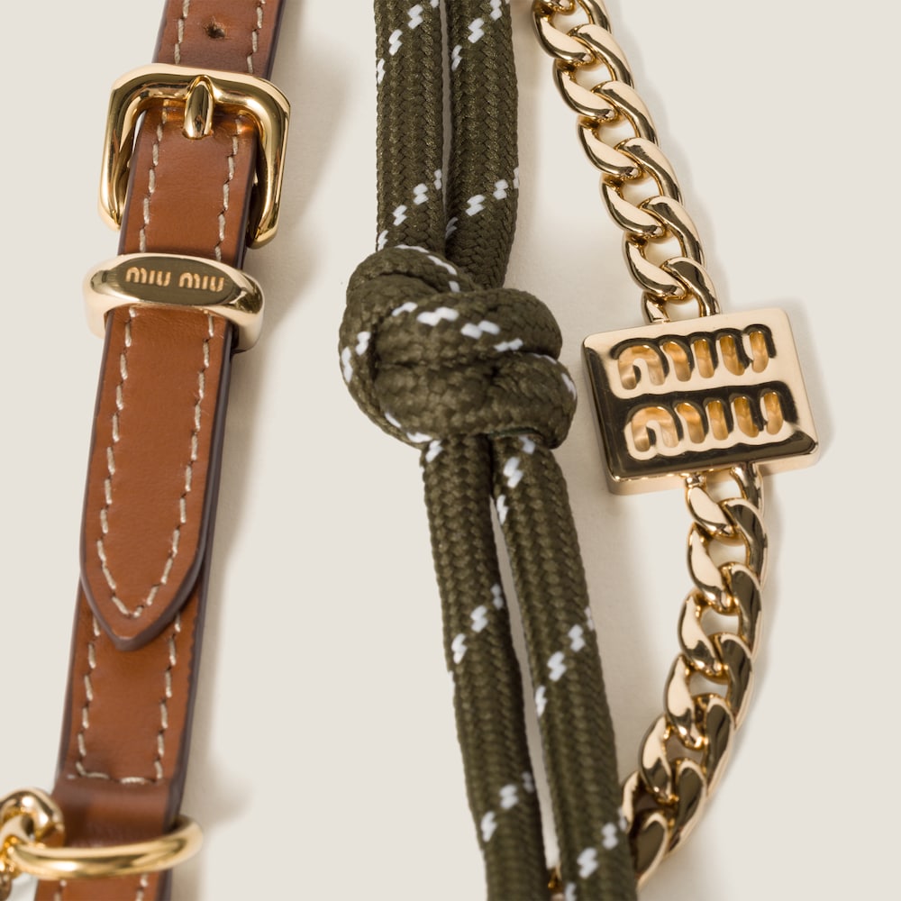 Miu Miu Leather, cord and metal trick keyring - Cognac/Forest Green