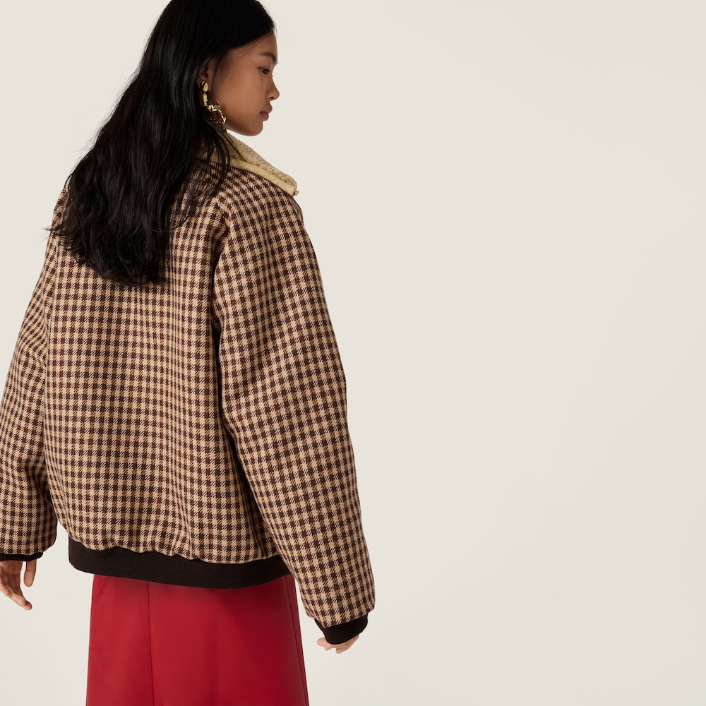 Miu Miu Fleece-lined checked blouson jacket Camel / Cocoa Brown