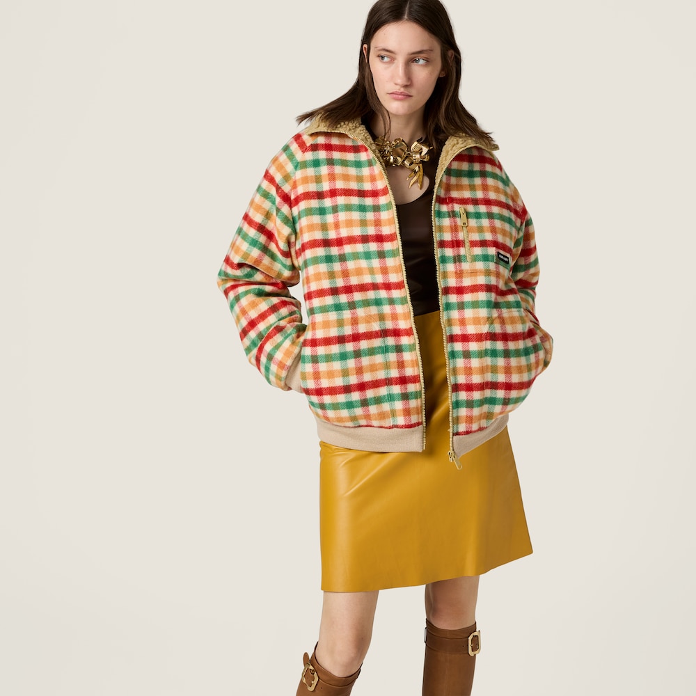 Miu Miu Fleece-lined checked blouson jacket Red / Green / Soy Green